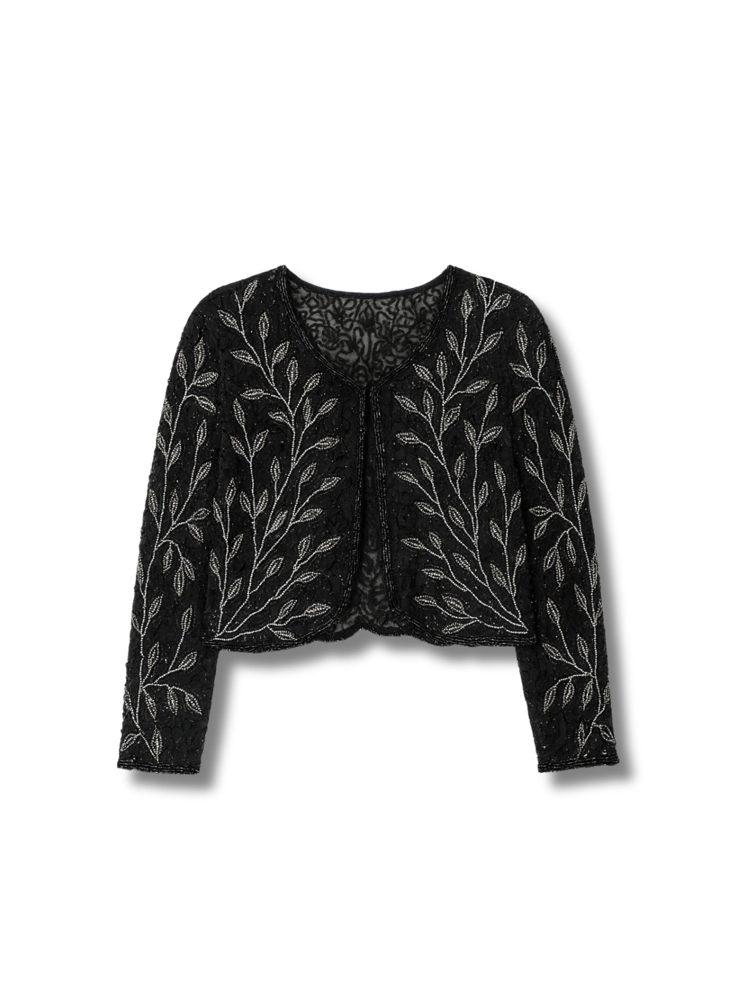 Zeytin Dalı – Siyah Üzeri Yaprak Desenli El İşlemeli Ceket