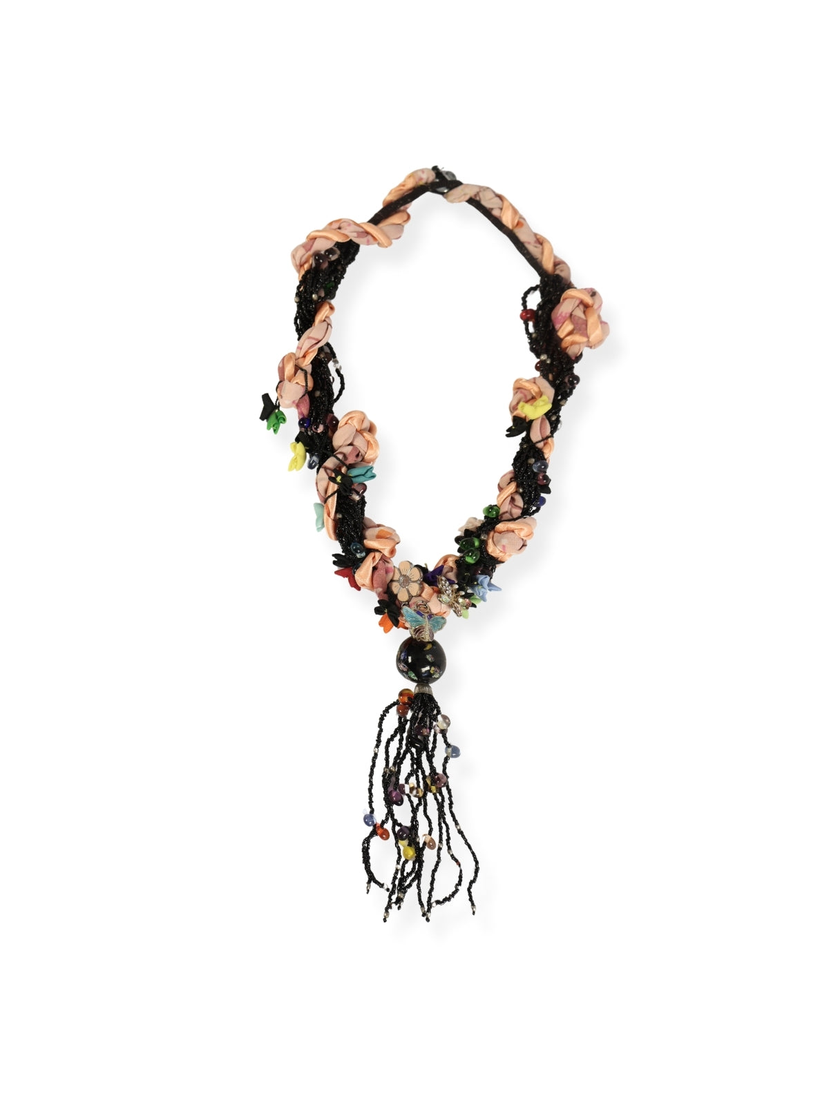Black Sparkle – Ribbon Necklace with Cut Beads and Stone Details