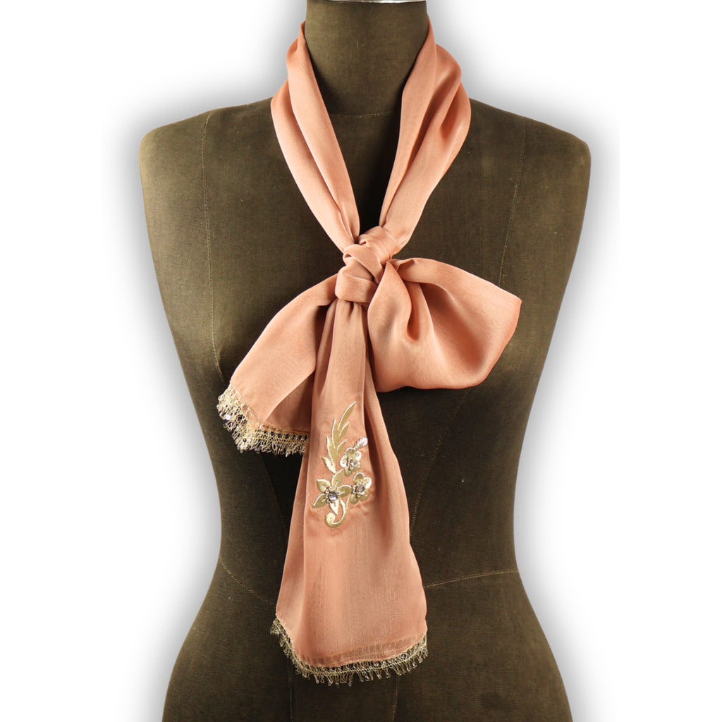 Mercan Parıltısı – Maraş İşi İşlemeli İpek Şifon Fular