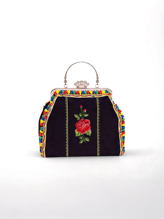 Simay – Vintage Bag with Colorful Embroidery on Black