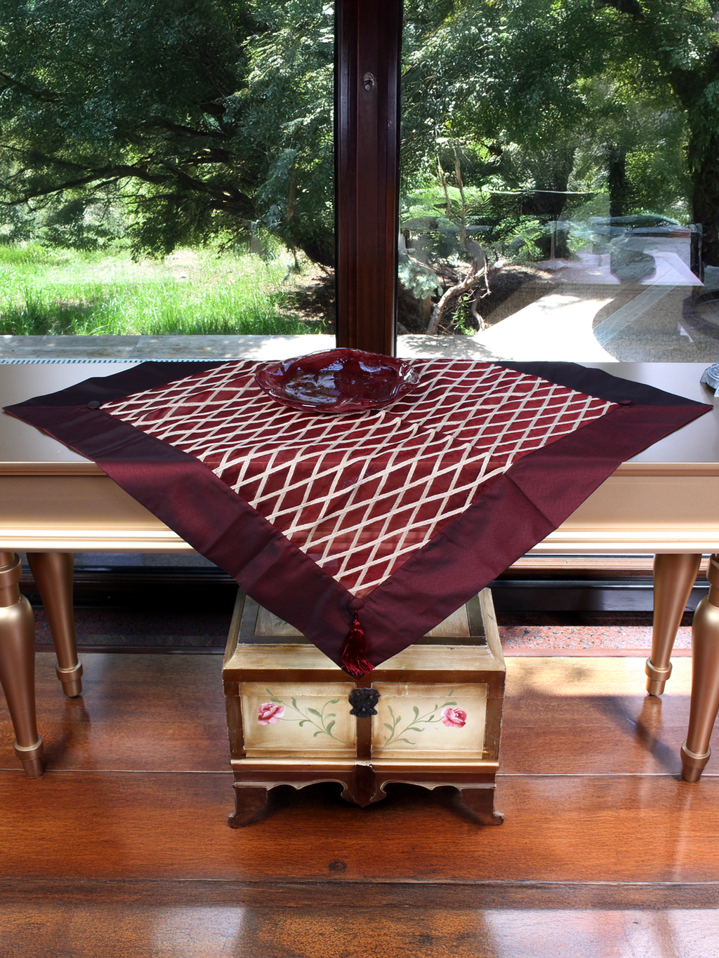 Crimson Souvenir – Hand-Embroidered Burgundy Organza Cover