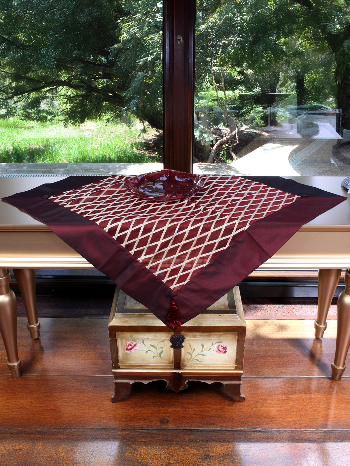 Crimson Souvenir – Hand-Embroidered Burgundy Organza Cover