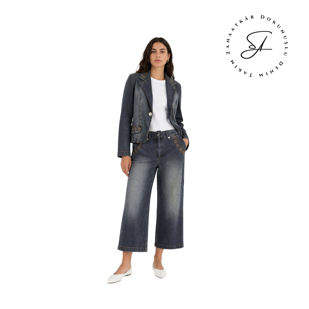 Stone Blue Texture – Quilted Detail Denim Jacket & Pants Set