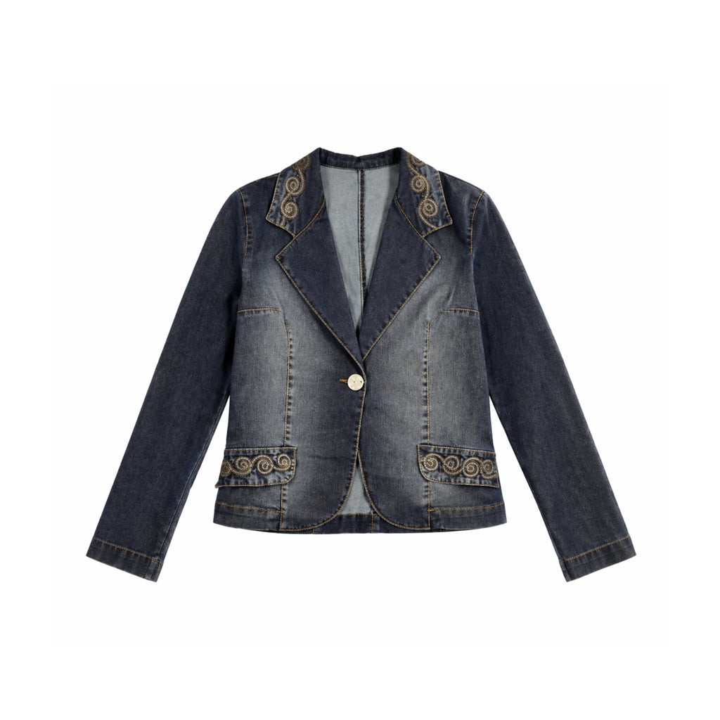 Stone Blue Texture – Quilted Detail Denim Jacket & Pants Set
