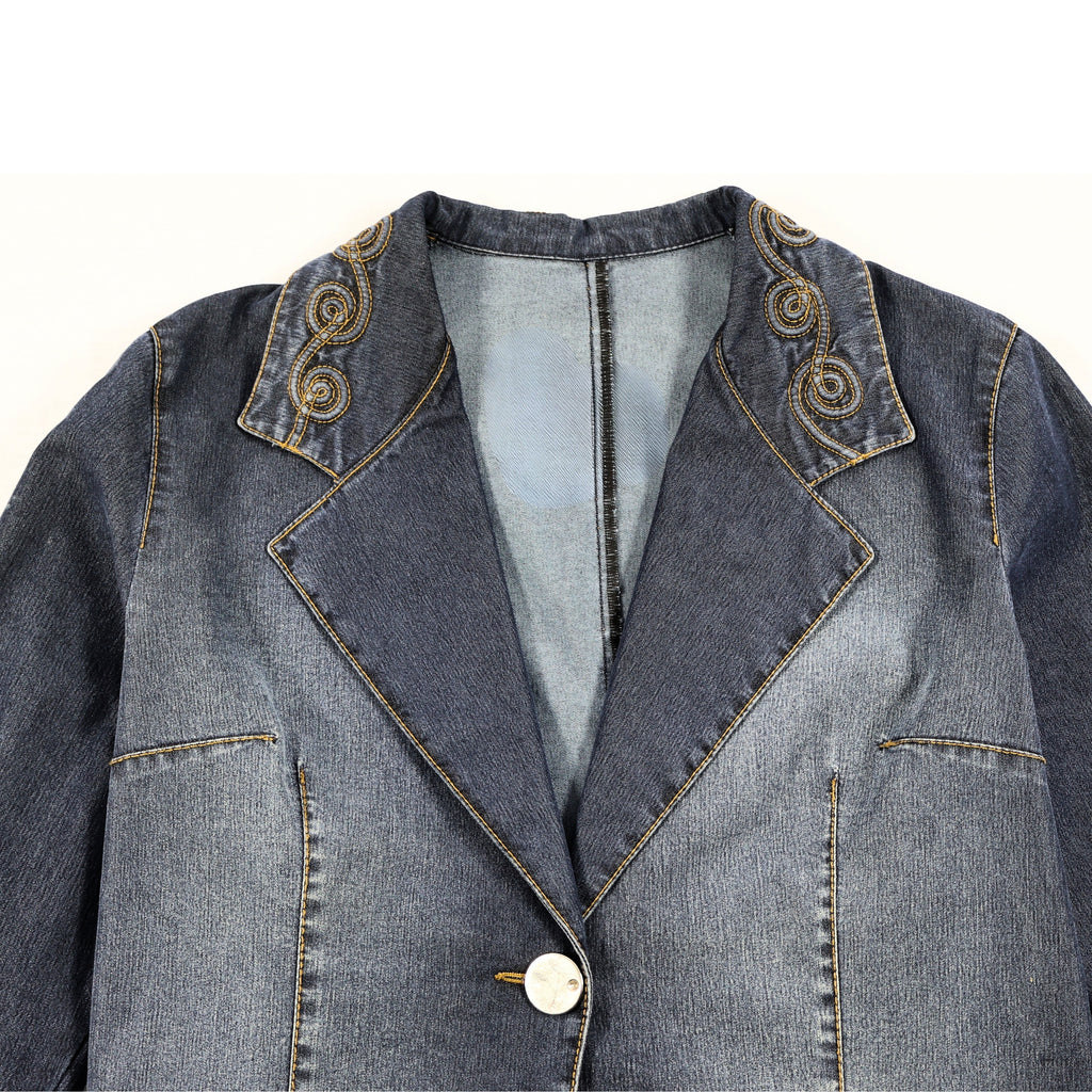 Stone Blue Texture – Quilted Detail Denim Jacket & Pants Set