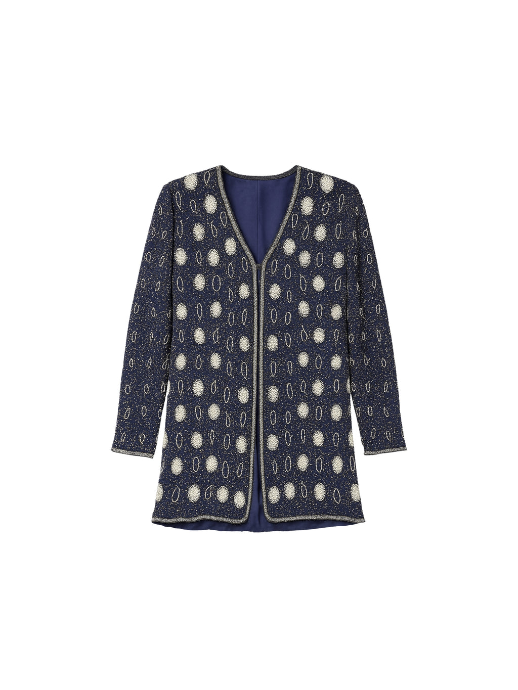 Gece Zarafeti – Lacivert Uzun Formlu Taş İşlemeli Ceket