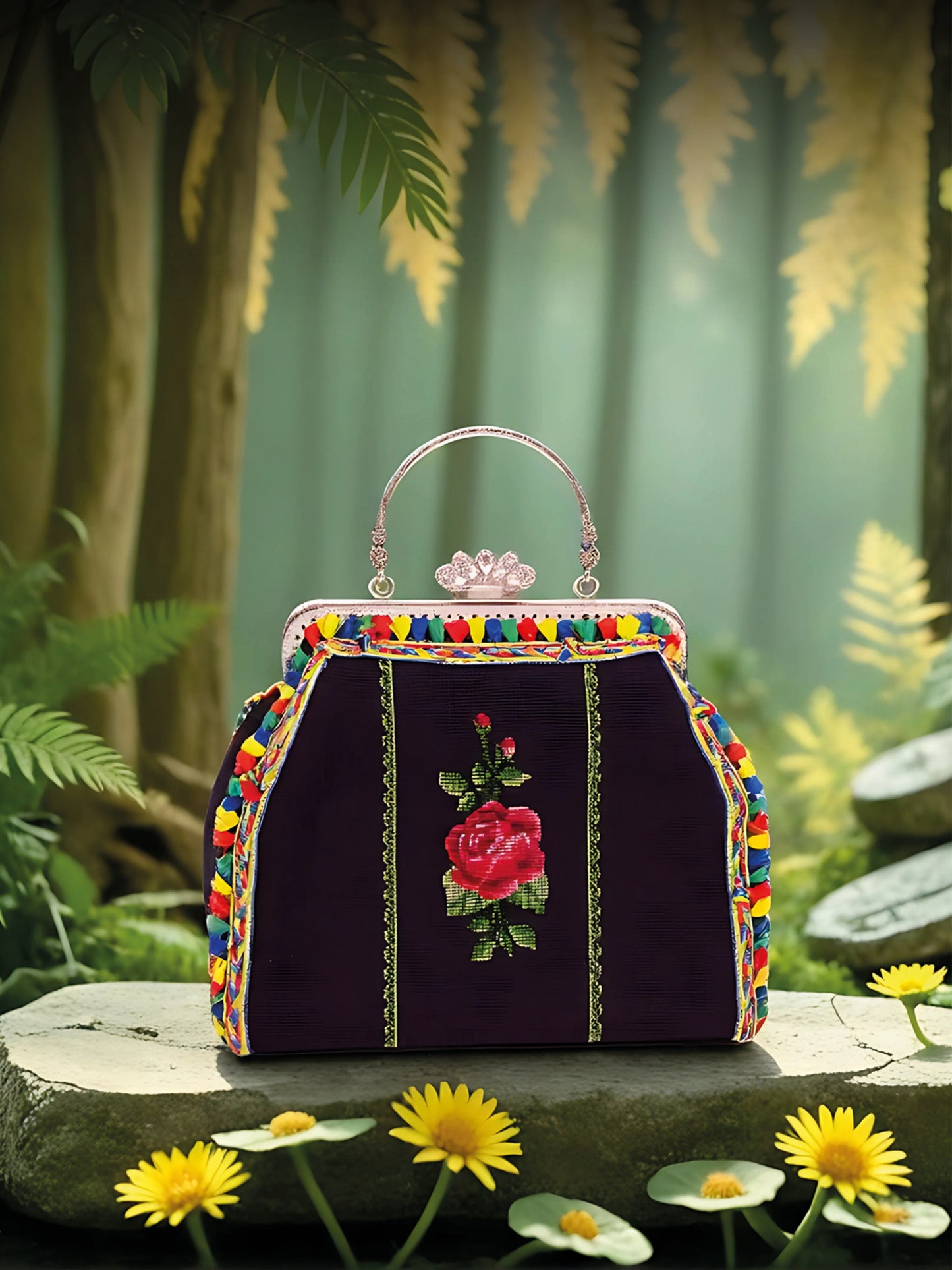 Simay – Vintage Bag with Colorful Embroidery on Black