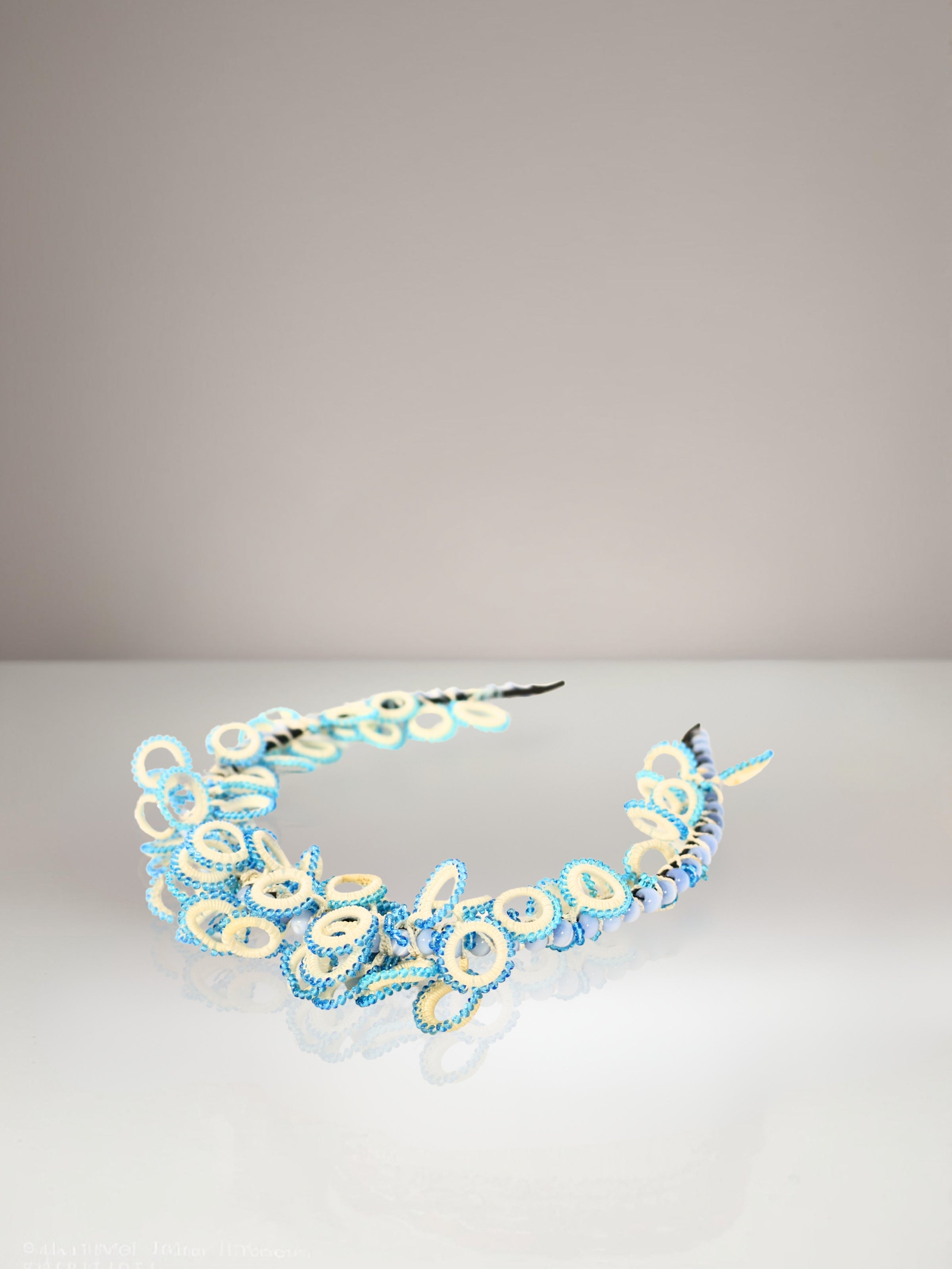 Lalin – Handmade Lace Crown with Blue and Cream Hoops