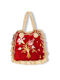 Nevin - White Tulip Embroidered Handbag on Burgundy Velvet Background