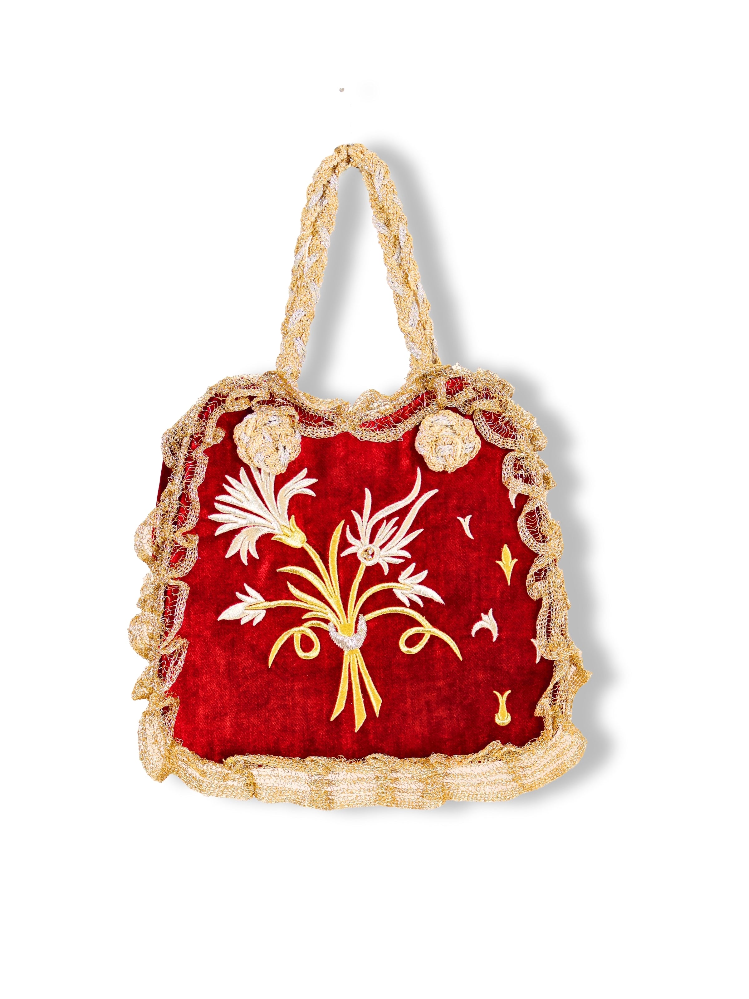 Nevin - White Tulip Embroidered Handbag on Burgundy Velvet Background
