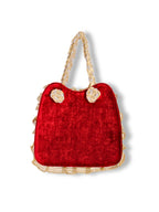 Nevin - White Tulip Embroidered Handbag on Burgundy Velvet Background