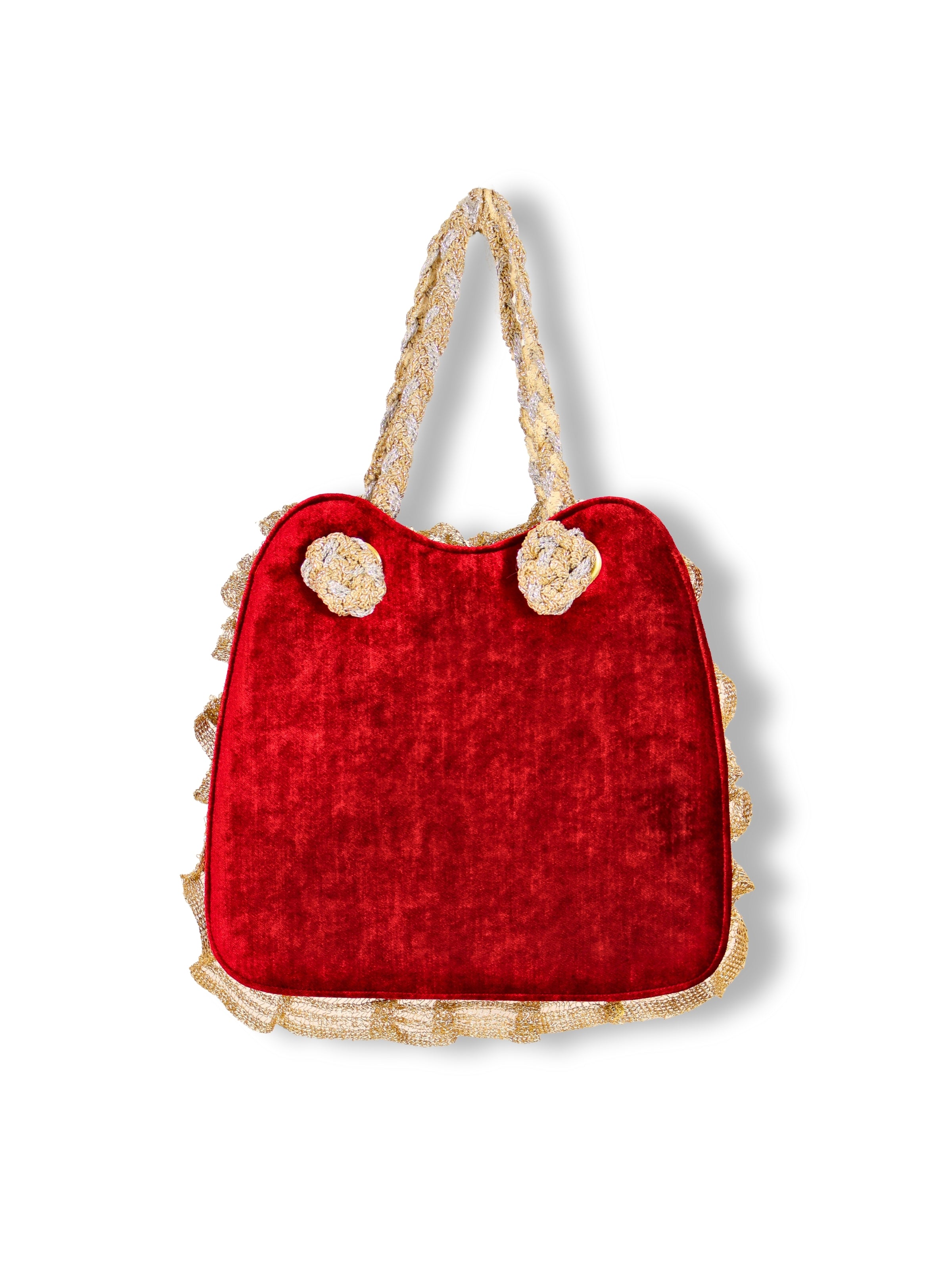 Nevin - White Tulip Embroidered Handbag on Burgundy Velvet Background