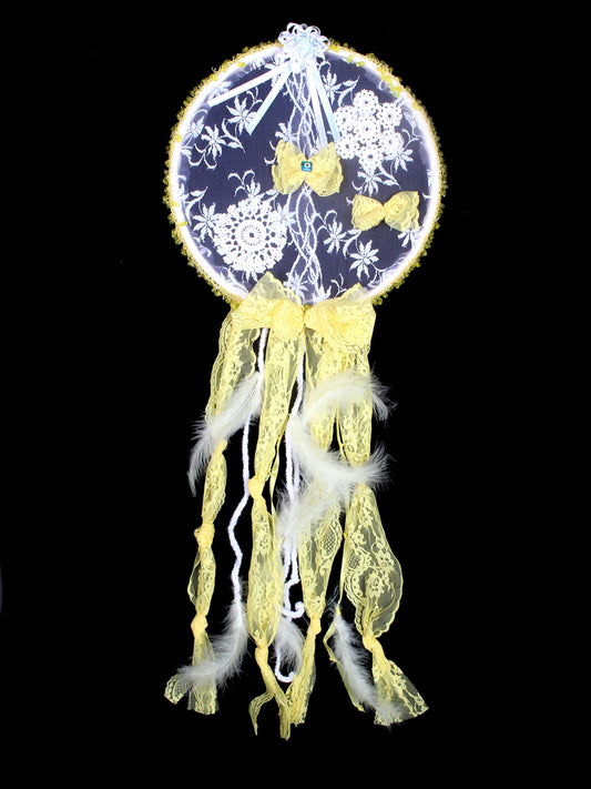 Yellow Daisy - Crochet Dreamcatcher with Antique Hoop and Antique French Lace