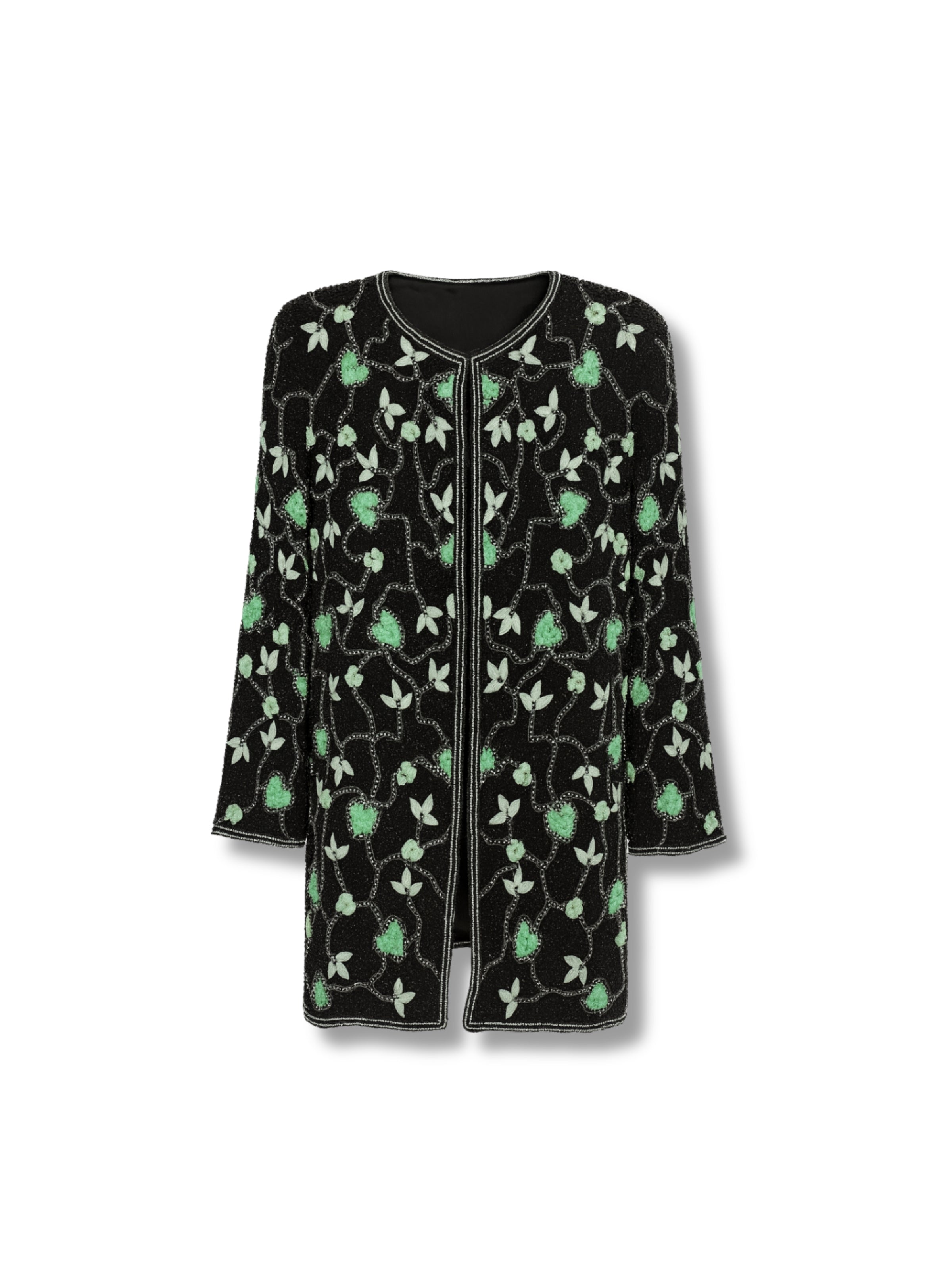 Zümrüt Dokunuşu – Siyah Üzeri Yeşil Motifli El İşlemeli Ceket