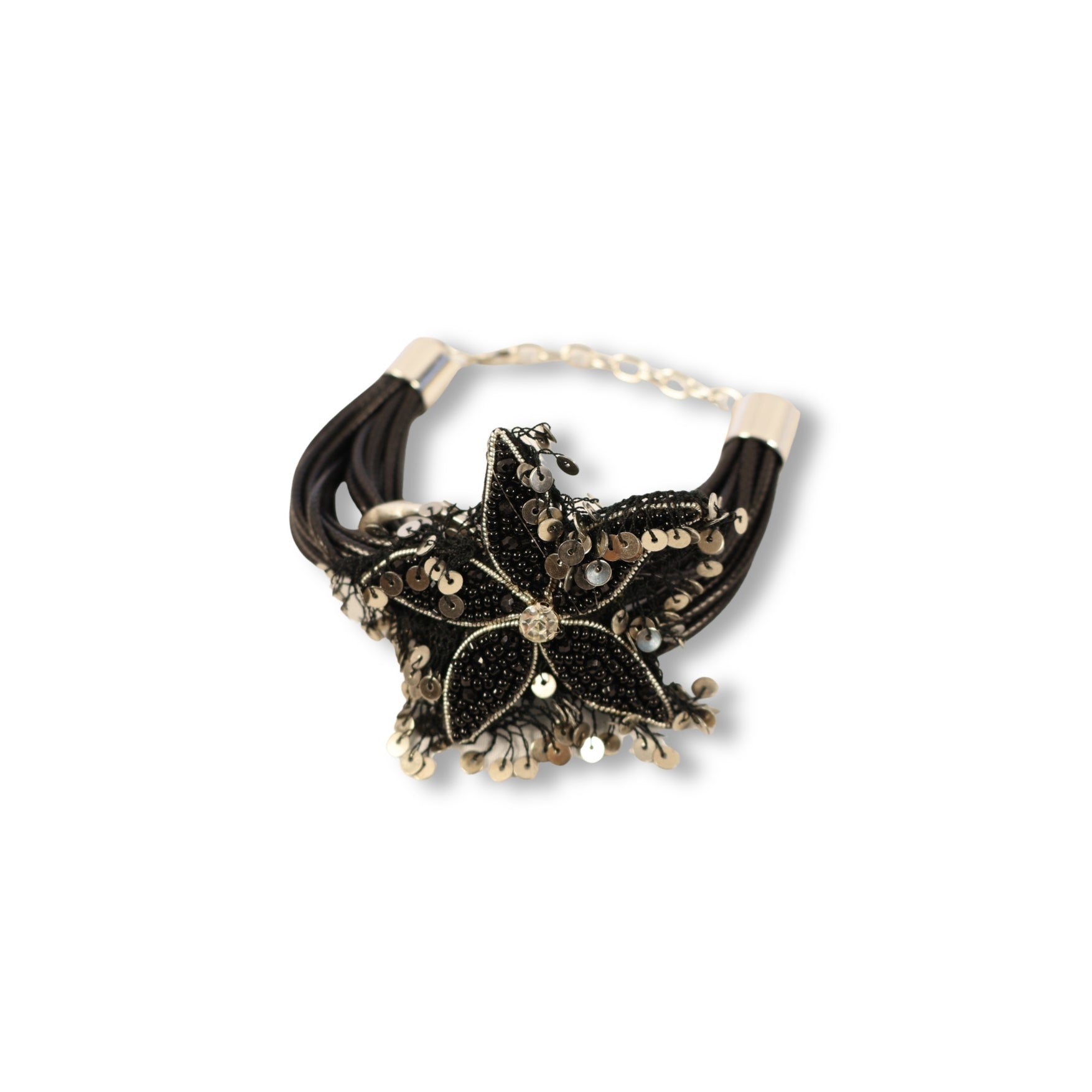 Gümüş Gece – Deri ve Pul Detaylı El Yapımı Bileklik (Ayarlanabilir)