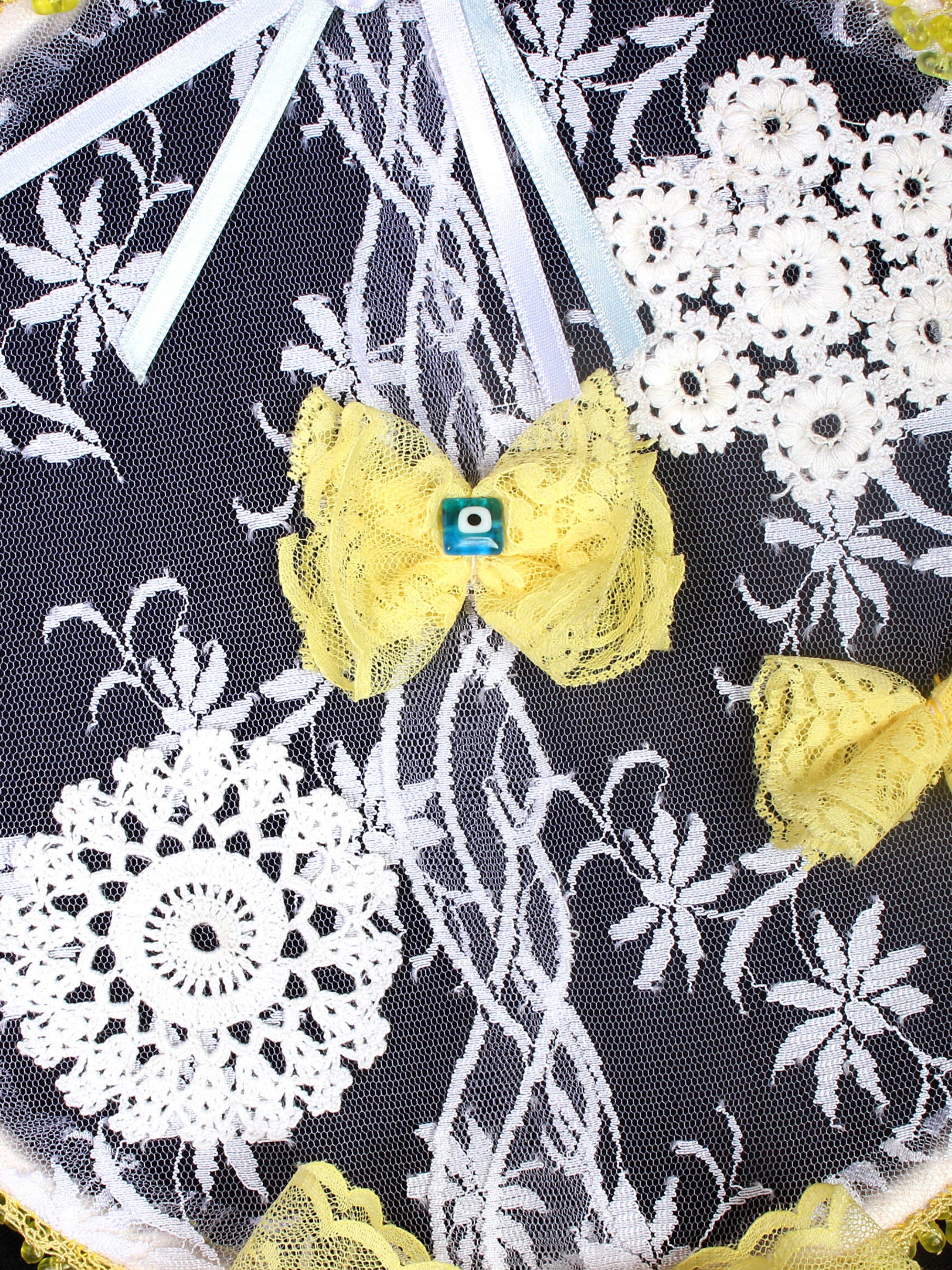 Sarı Papatya - Antika Kasnak ve Antika Fransız Dantelle Tığ İşi Süslemeli Dreamcatcher