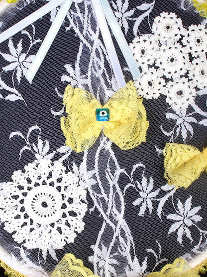 Yellow Daisy - Crochet Dreamcatcher with Antique Hoop and Antique French Lace