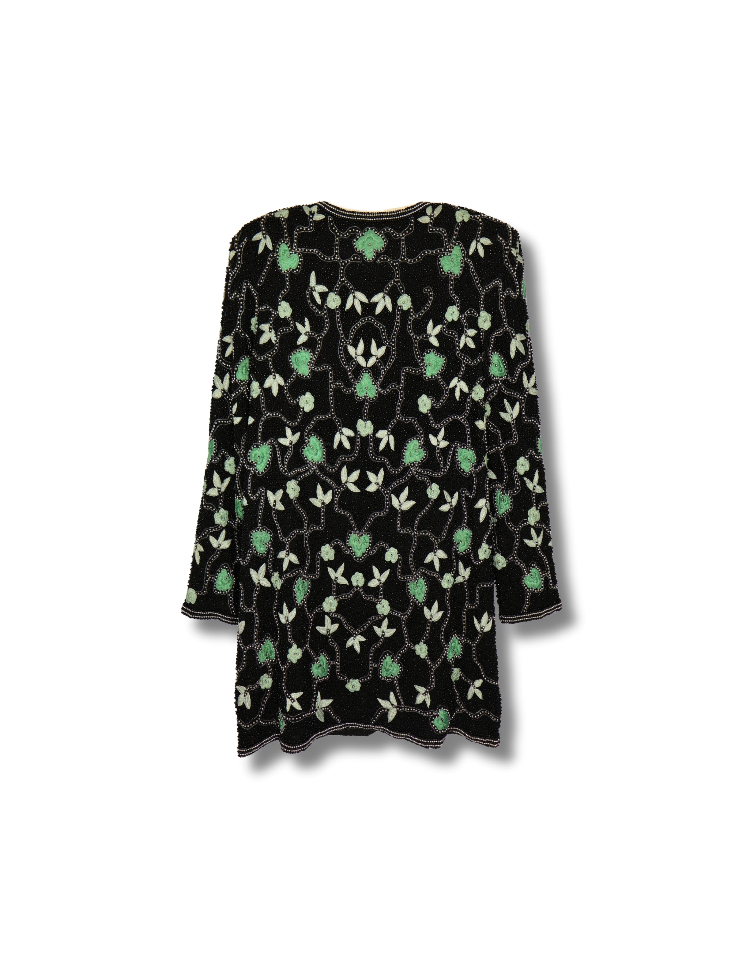 Zümrüt Dokunuşu – Siyah Üzeri Yeşil Motifli El İşlemeli Ceket