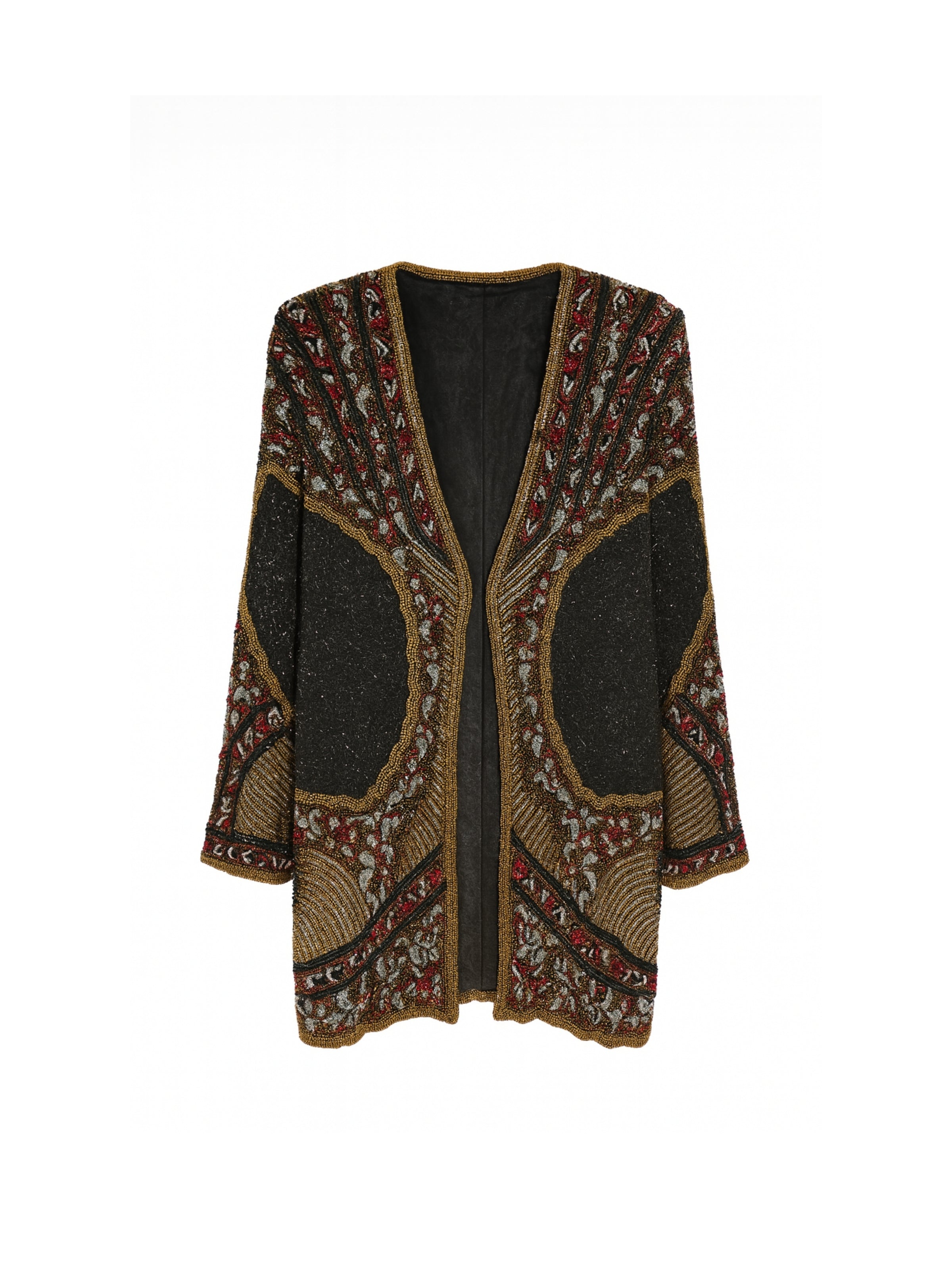 Altın Dokunuş – Siyah, Kırmızı ve Gümüş İşlemeli Hakim Yaka Uzun Ceket
