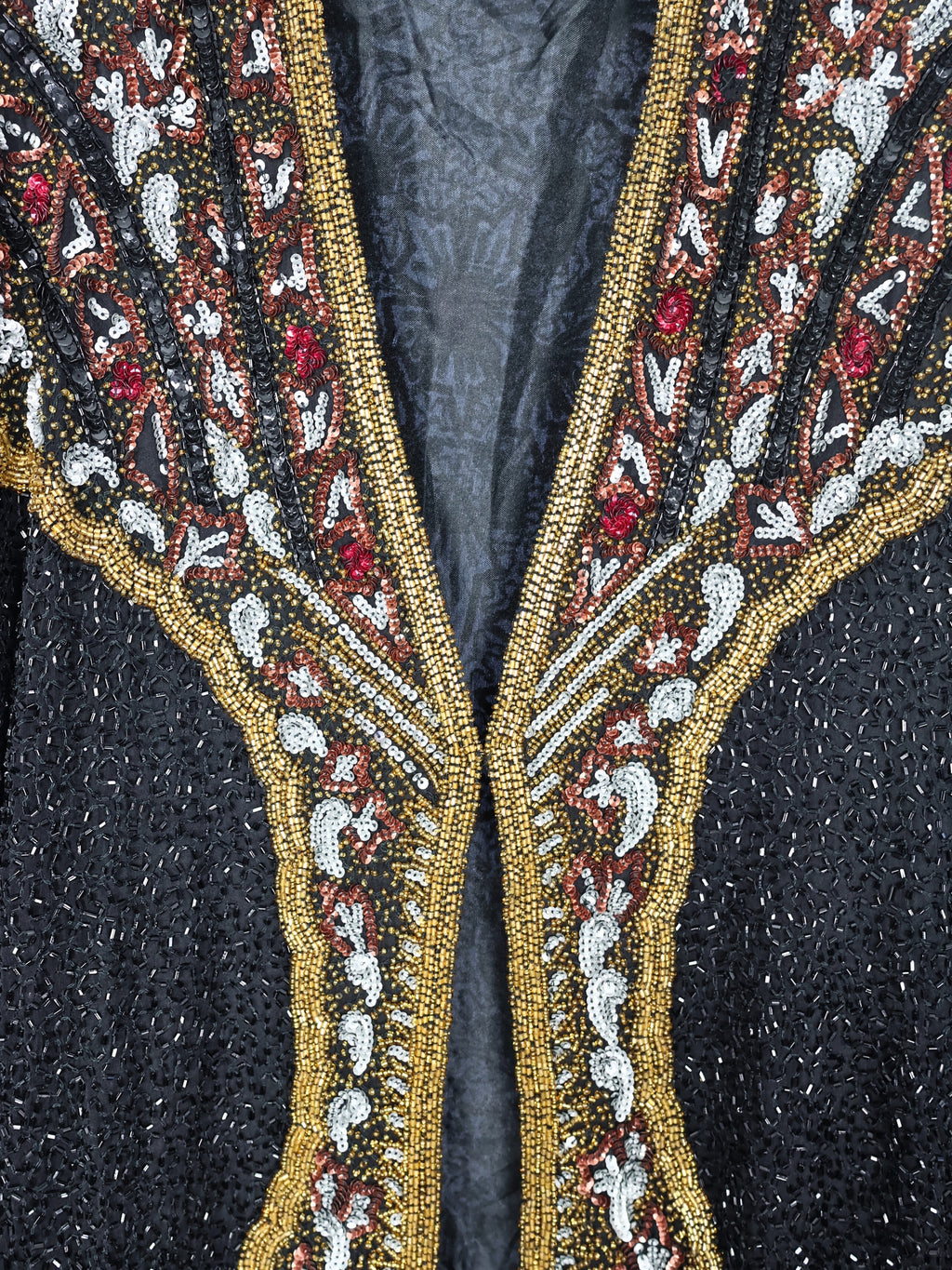 Golden Touch – Black, Red, and Silver Embroidered Mandarin Collar Long Jacket