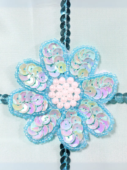 Turkuaz Çiçek – Renkli Payetli Çiçek Motifli İpek Tafta Kırlent Kılıfı