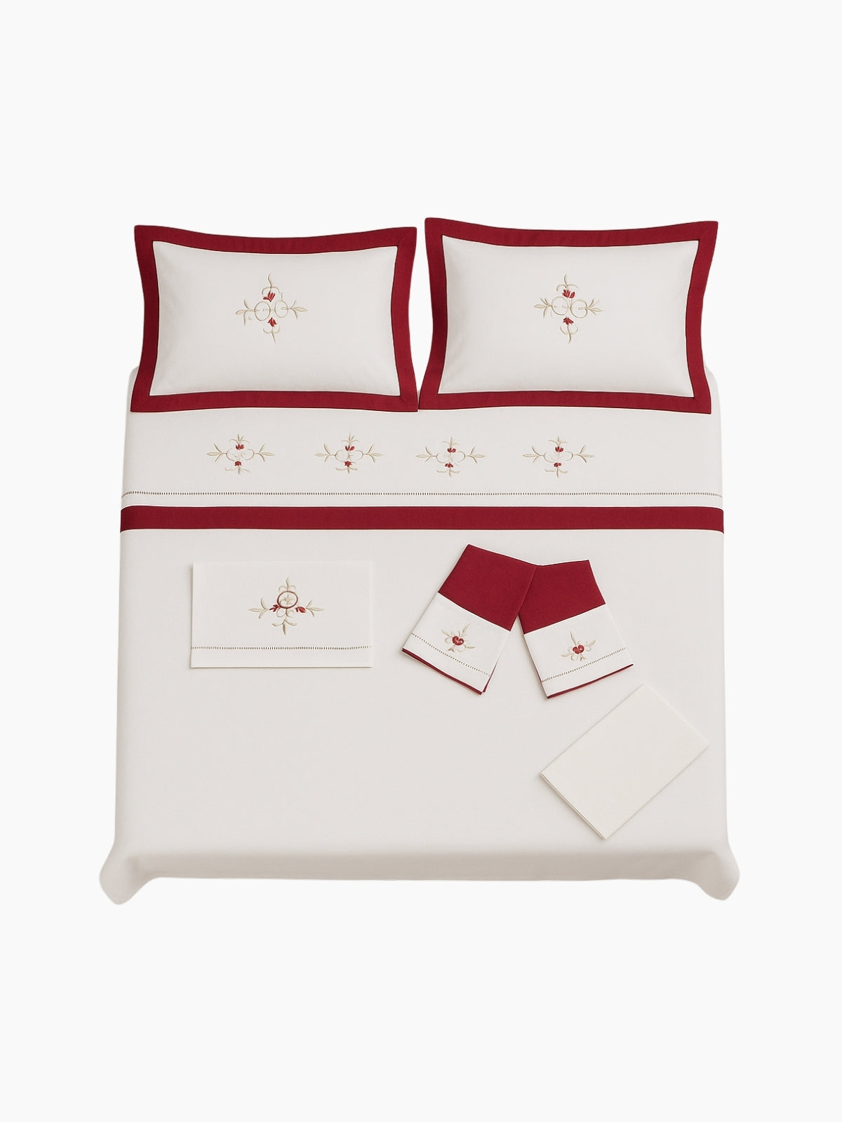 Ecru Burgundy Embroidered 5-Pillow Double Duvet Cover Set
