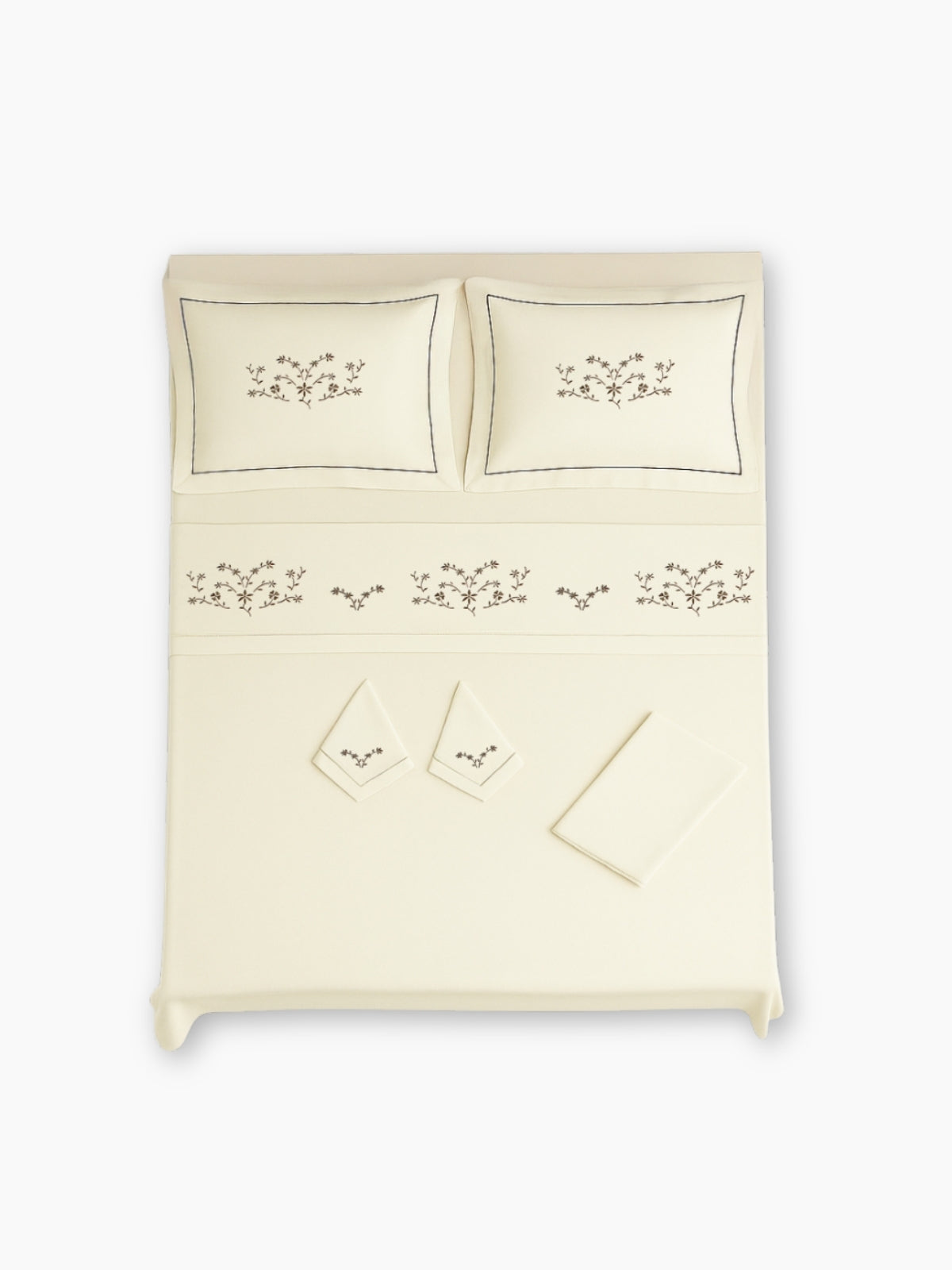 White Embroidered Ecru - Milk Coffee Linen Duvet Cover Set